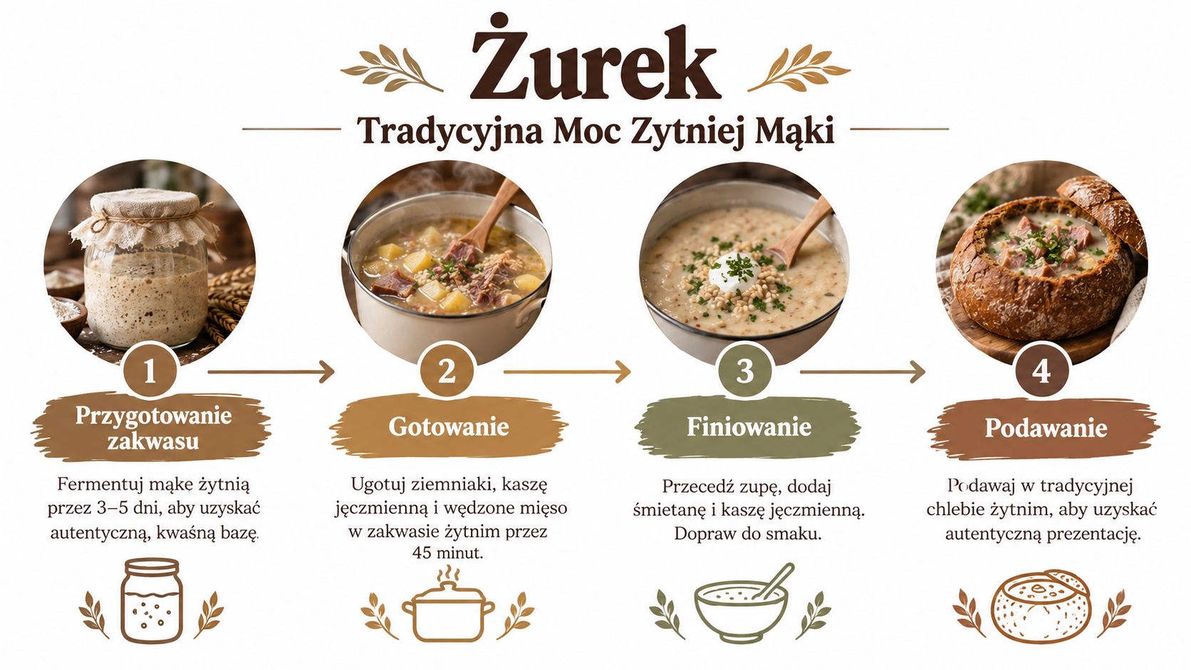 Grafika przedstawiająca cztery etapy przygotowania tradycyjnego polskiego żurku w chlebie, od przygotowania zakwasu po końcowe podanie zupy.
