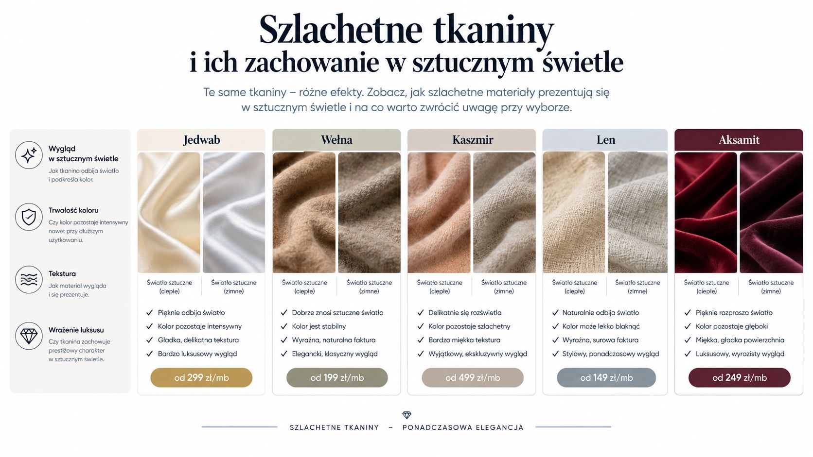 Porównanie właściwości szlachetnych tkanin, takich jak jedwab, wełna, kaszmir, len i aksamit w sztucznym oświetleniu.